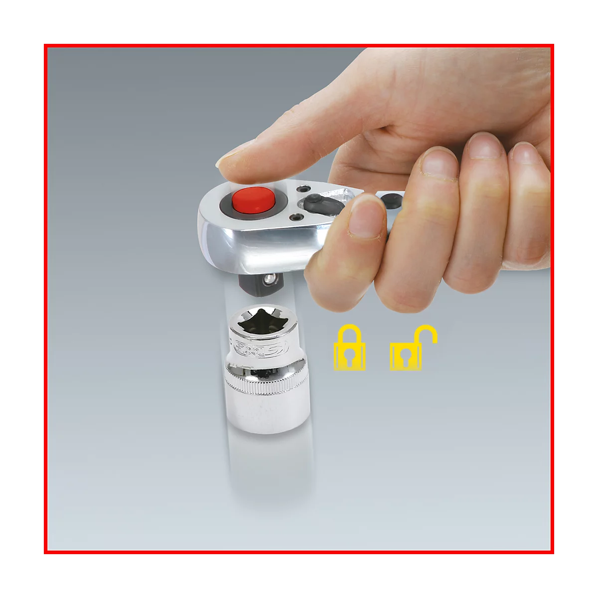 Hand hält Knarre mit rotem Knopf und Steckschlüssel. Daneben gelbes Schloss, geöffnetes Schloss.